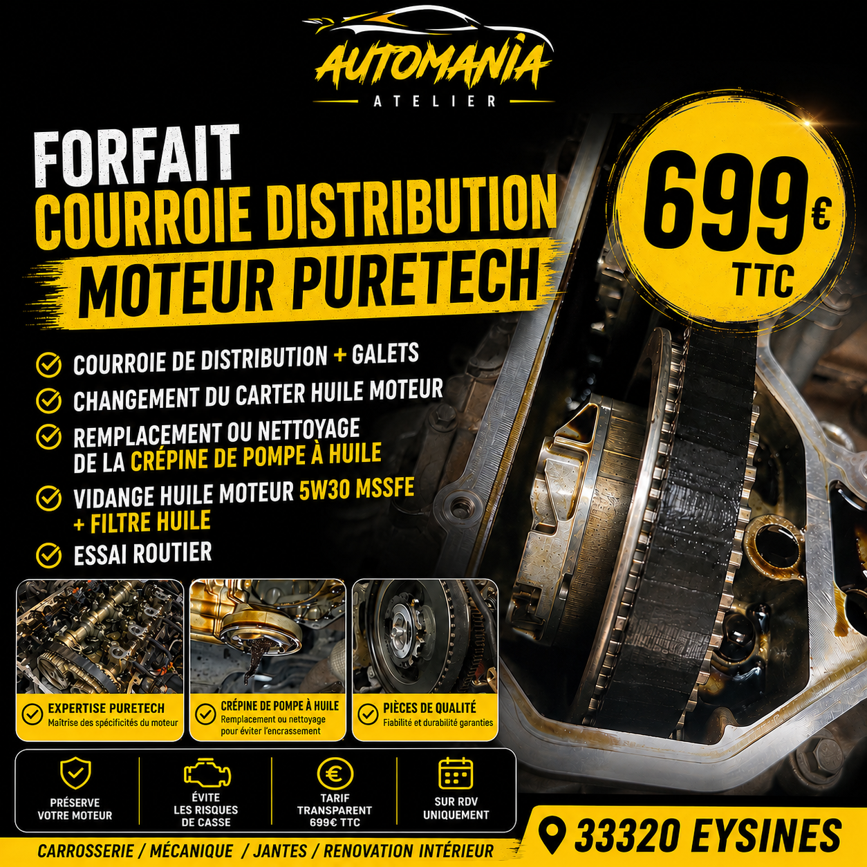 Promotion AutoMania Atelier pour forfait courroie de distribution moteur PureTech &agrave; 699 euros TTC