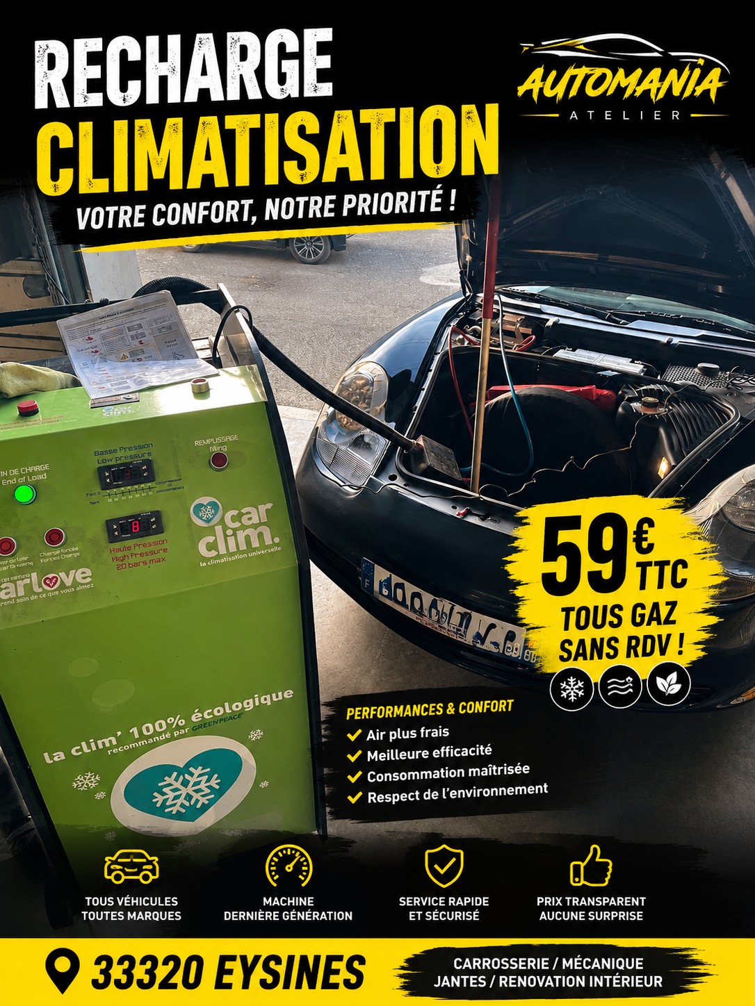 Promotion recharge climatisation AutoMania Atelier &agrave; Eysines 59 euros TTC tous gaz sans rendez-vous
