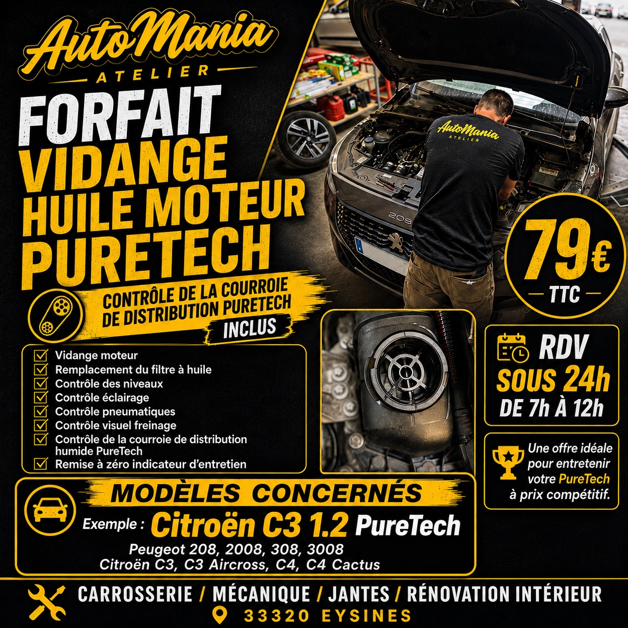 Promotion vidange huile moteur PureTech AutoMania Atelier a Eysines 79 euros TTC